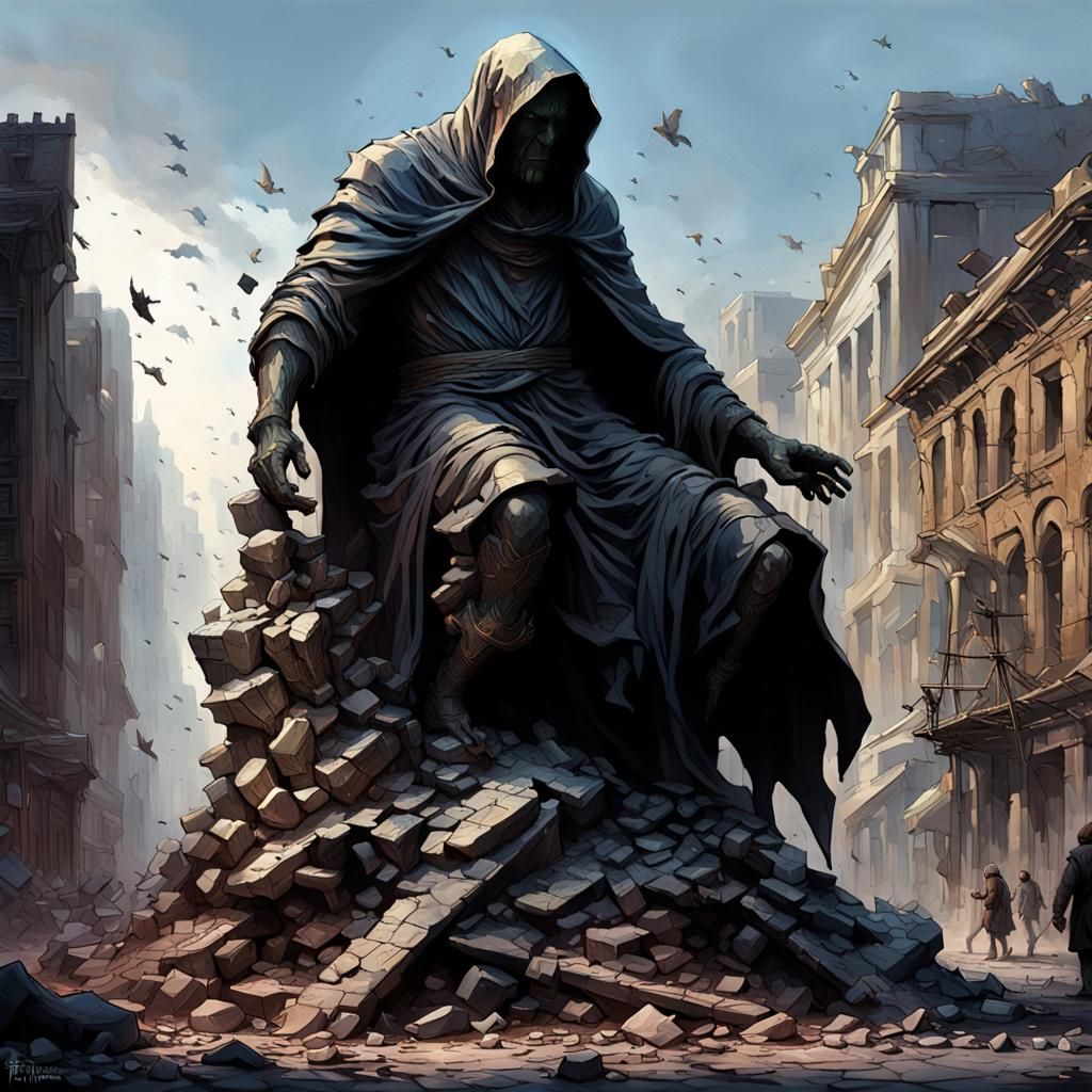 Cracked Marble Statue in Dark Fantasy City