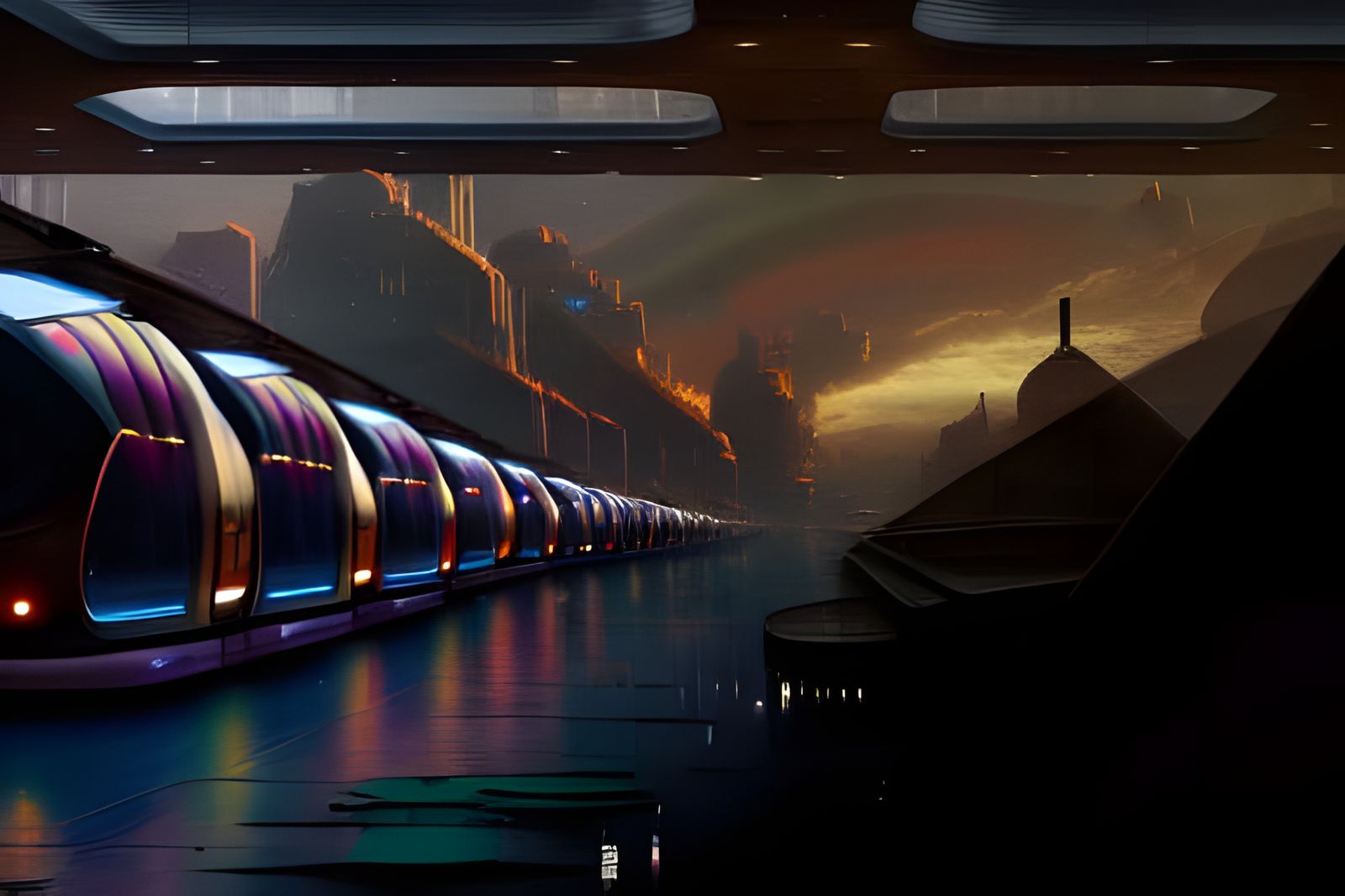 Rainbow Monorail Beneath Subterranean Dieselpunk City
