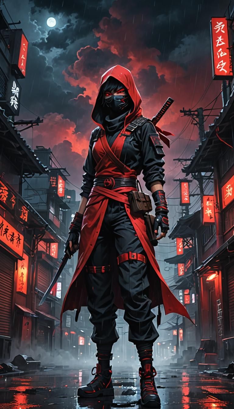 Red and Black Ninja at night, black and red buildings