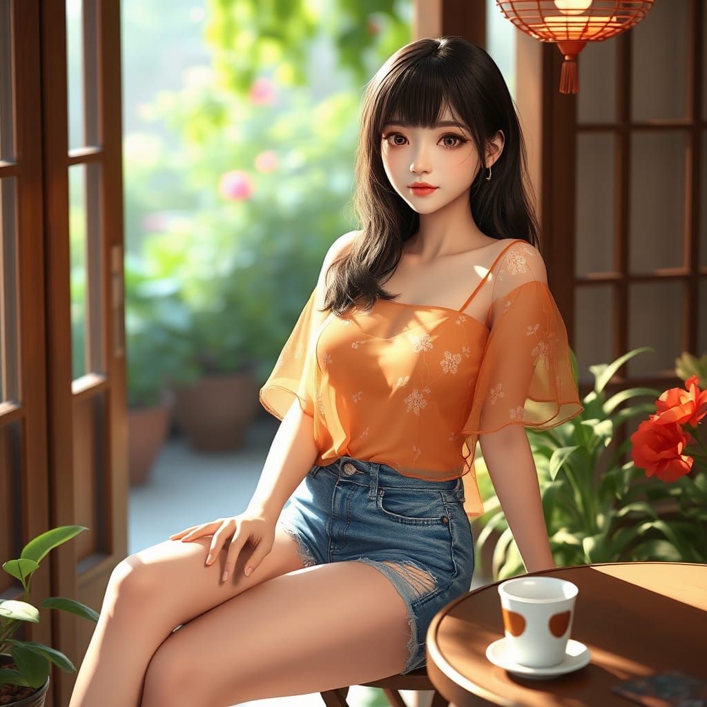Beautiful Woman in Garden: 3D Anime Art