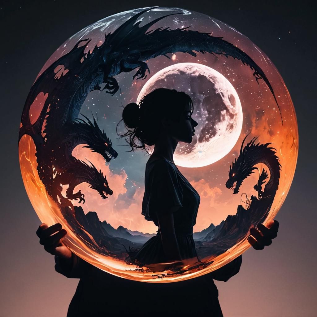 Dramatic Dragon Silhouette Double Exposure Moonscape