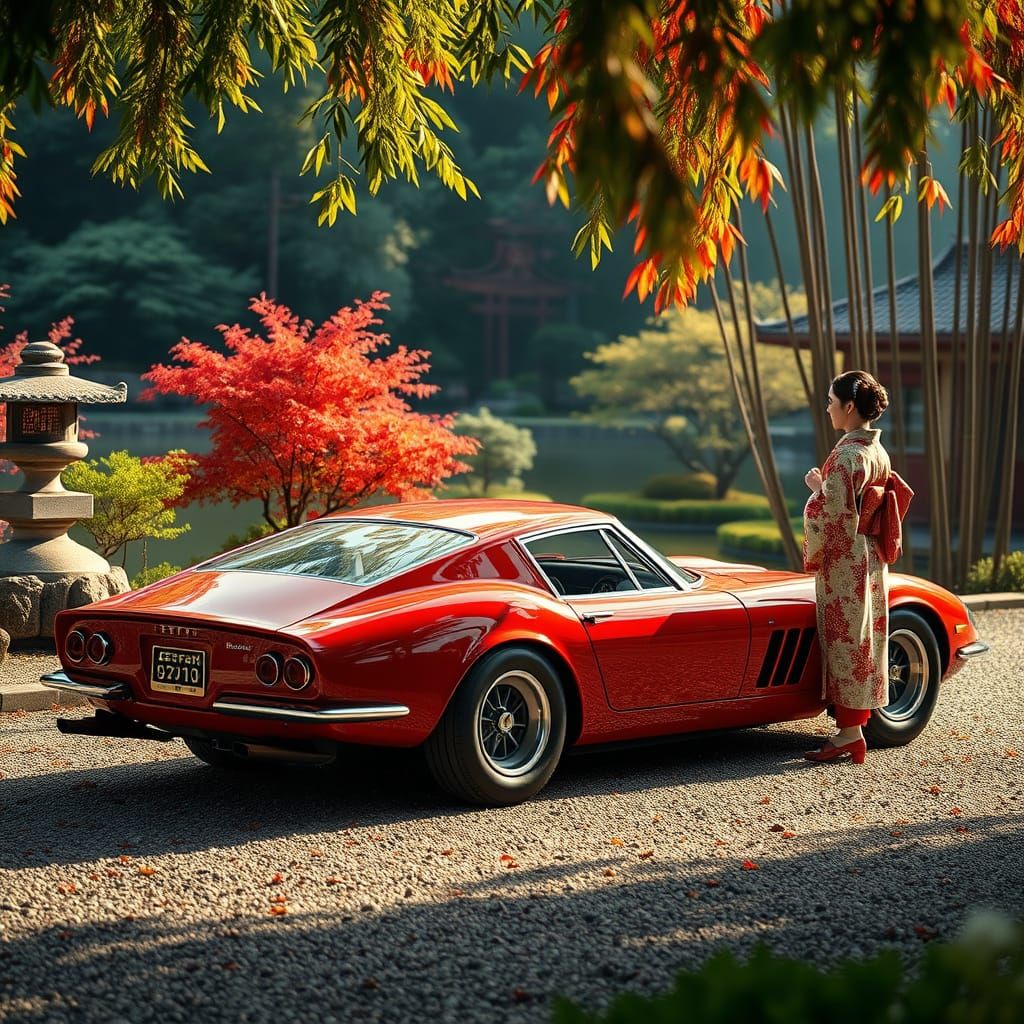 Crimson Ferrari 250 GTO in Serene Japanese Garden
