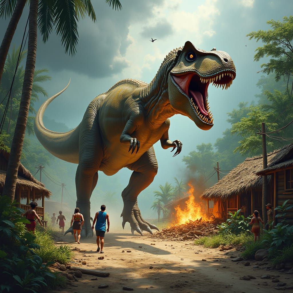Dinosaur Apocalypse in a Jungle Village, Cyberpunk-Inspired ...