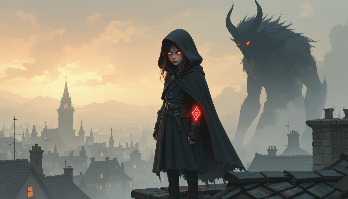 Half-Demon Girl on Misty Rooftops in Dark Fantasy Style