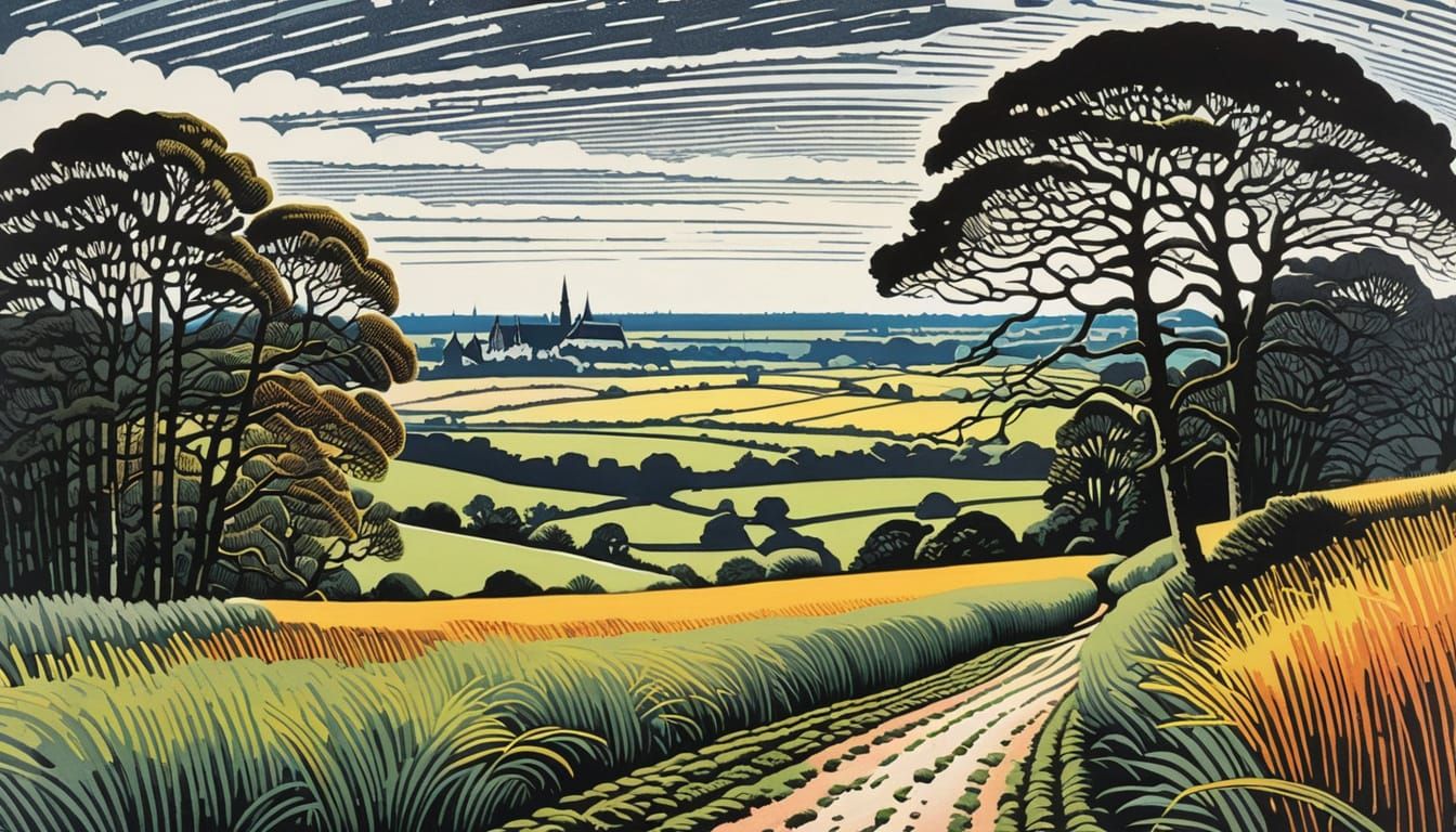 Lüneburg Heath Village Landscape in Hand-Colored Linoprint S...