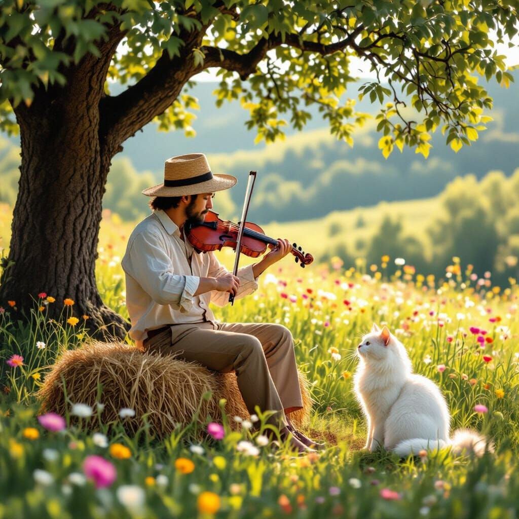 Violinist's Meadow Serenade in Vibrant Colors