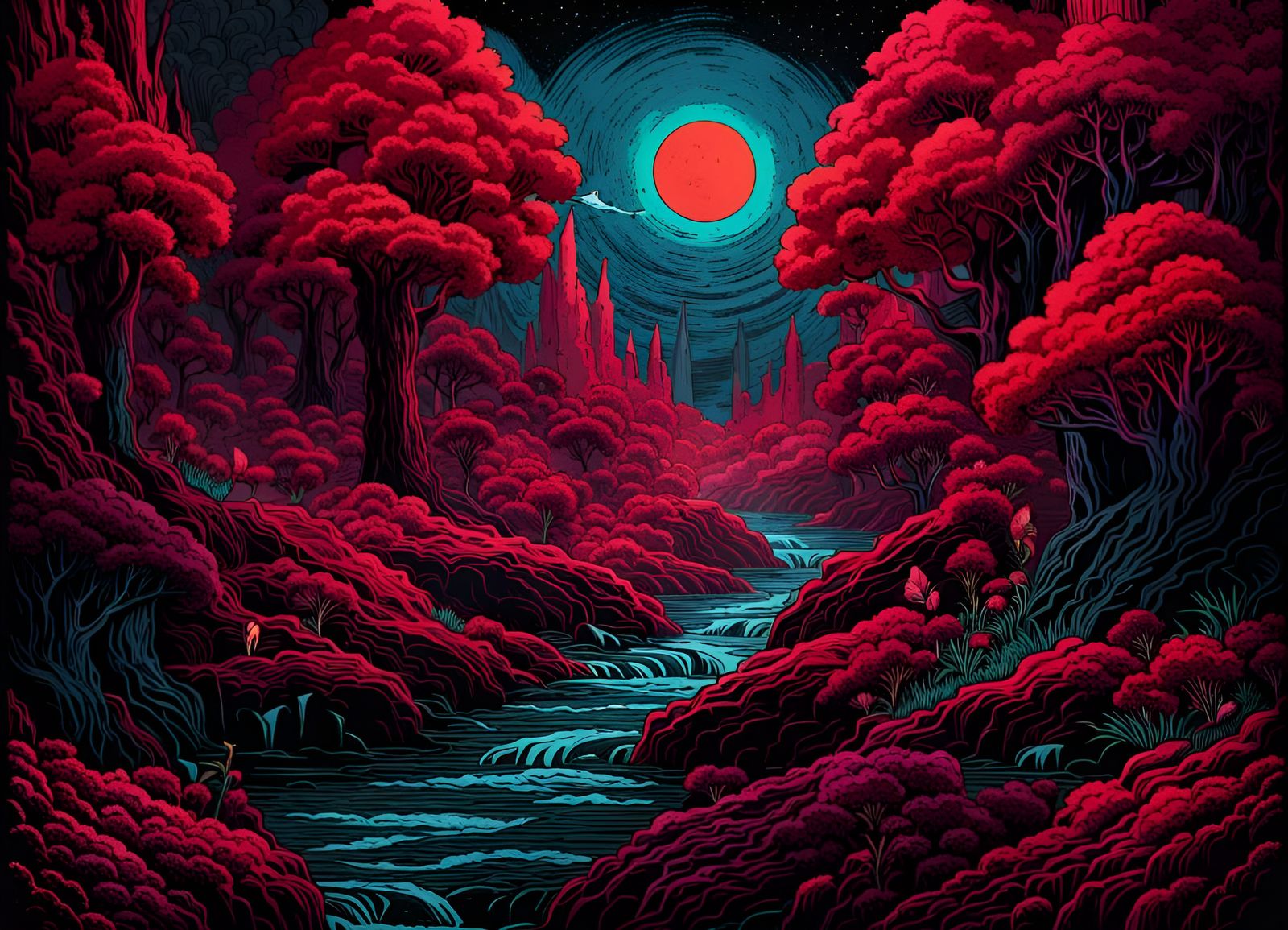 Crimson Landscape in Comic Book Art Style