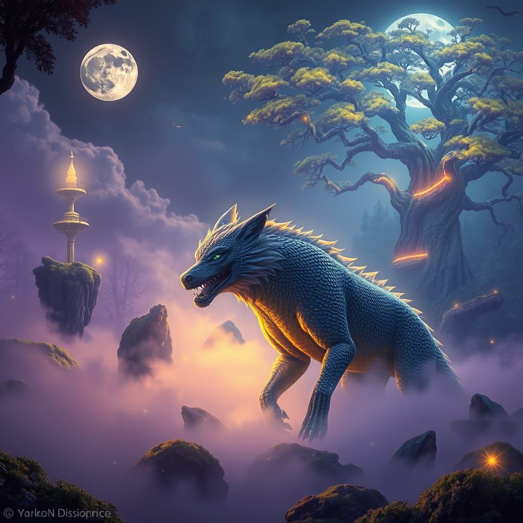 Ethereal Forest Scene with Mythical Wolf-Dragon and Glowing ...