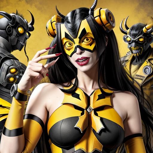 Bumblebee monster woman with brain bleed and crazy eyes.