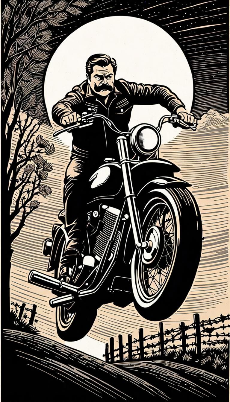 Vintage Woodcut Movie Poster of Motorcycle Jump