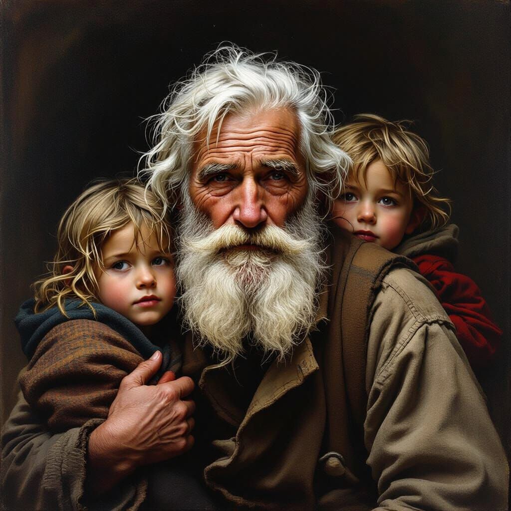 Elderly Man Carrying Children: Photorealistic Image