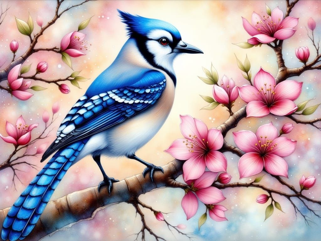 Ethereal Blue Jay Amidst Cherry Blossoms in Vibrant Watercol...