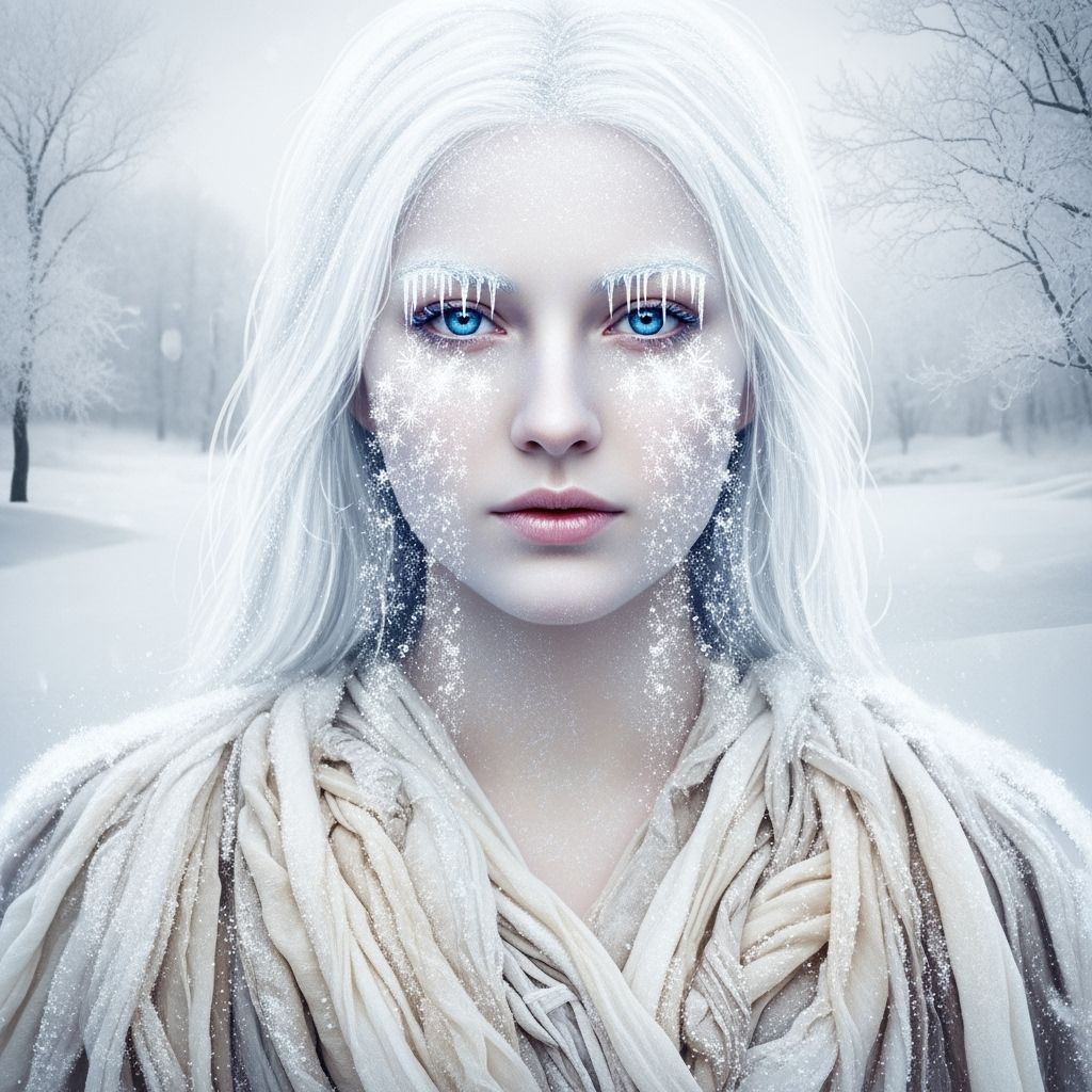Frozen Woman with Icicle Tears in Winter