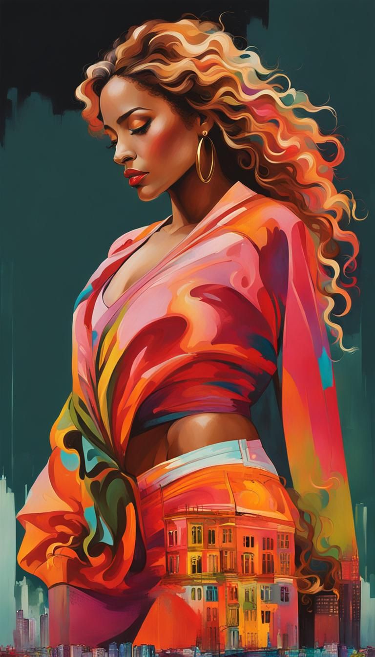 Dina Wakley Style Portrait of Woman in Cityscape