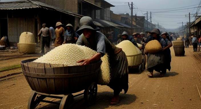 Pushing Rice Sacks in a Gloomy Burnt Town