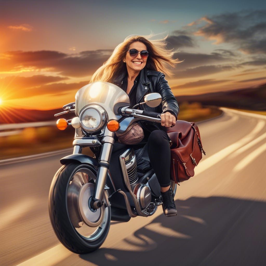 Woman Rides Motorcycle at Sunset: Realistic Vivid Photo