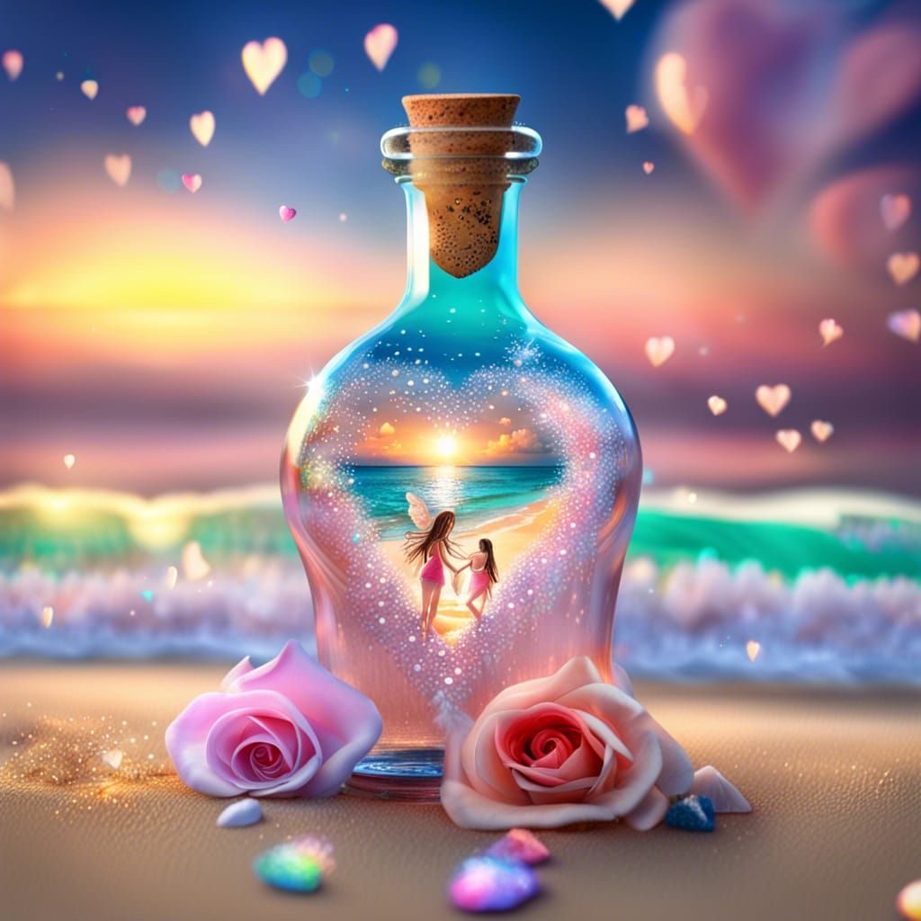 Fairies' Love in a Bottle: Hyperrealistic Beach Scene