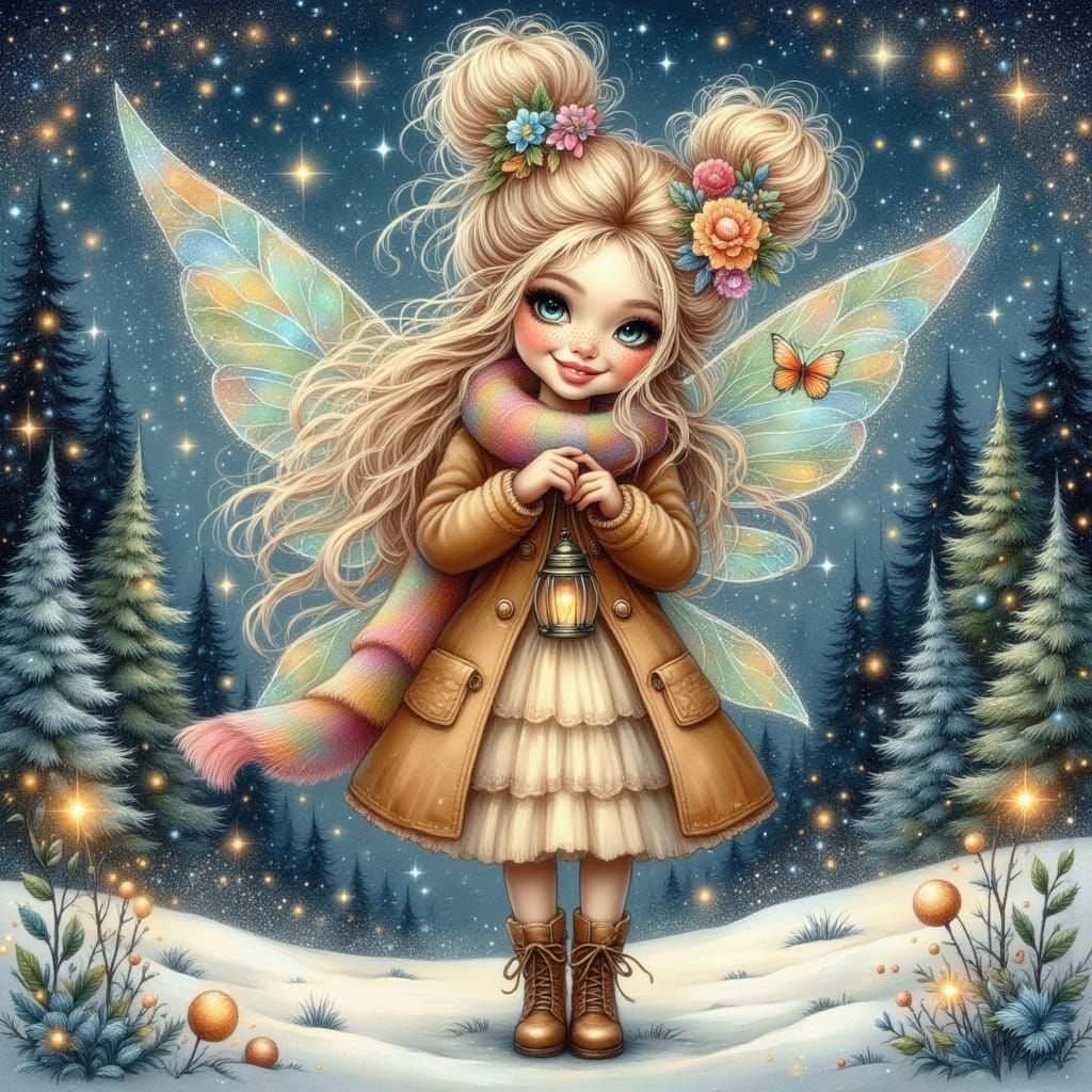 Winter Fairy Girl in Snowy Forest with Lantern