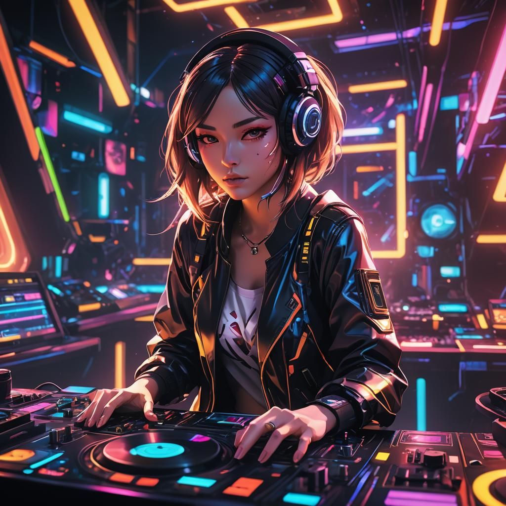 Anime Girl DJ in Neon Nightclub: 3D Art