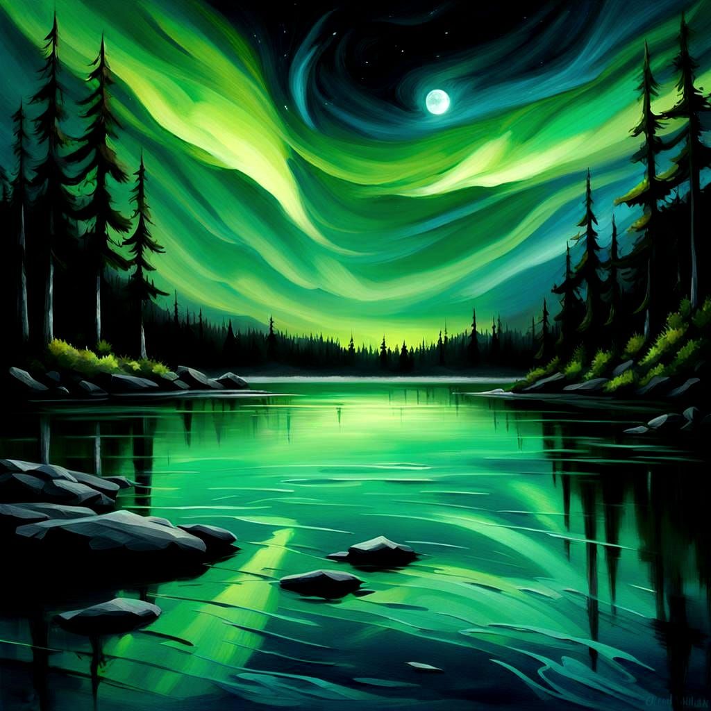 Green Northern Lights Under Midnight Moonlight