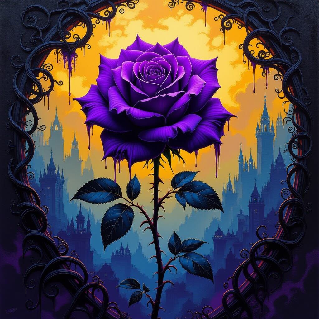 Gothic Rose with Fantasy Landscape in Graffiti Style