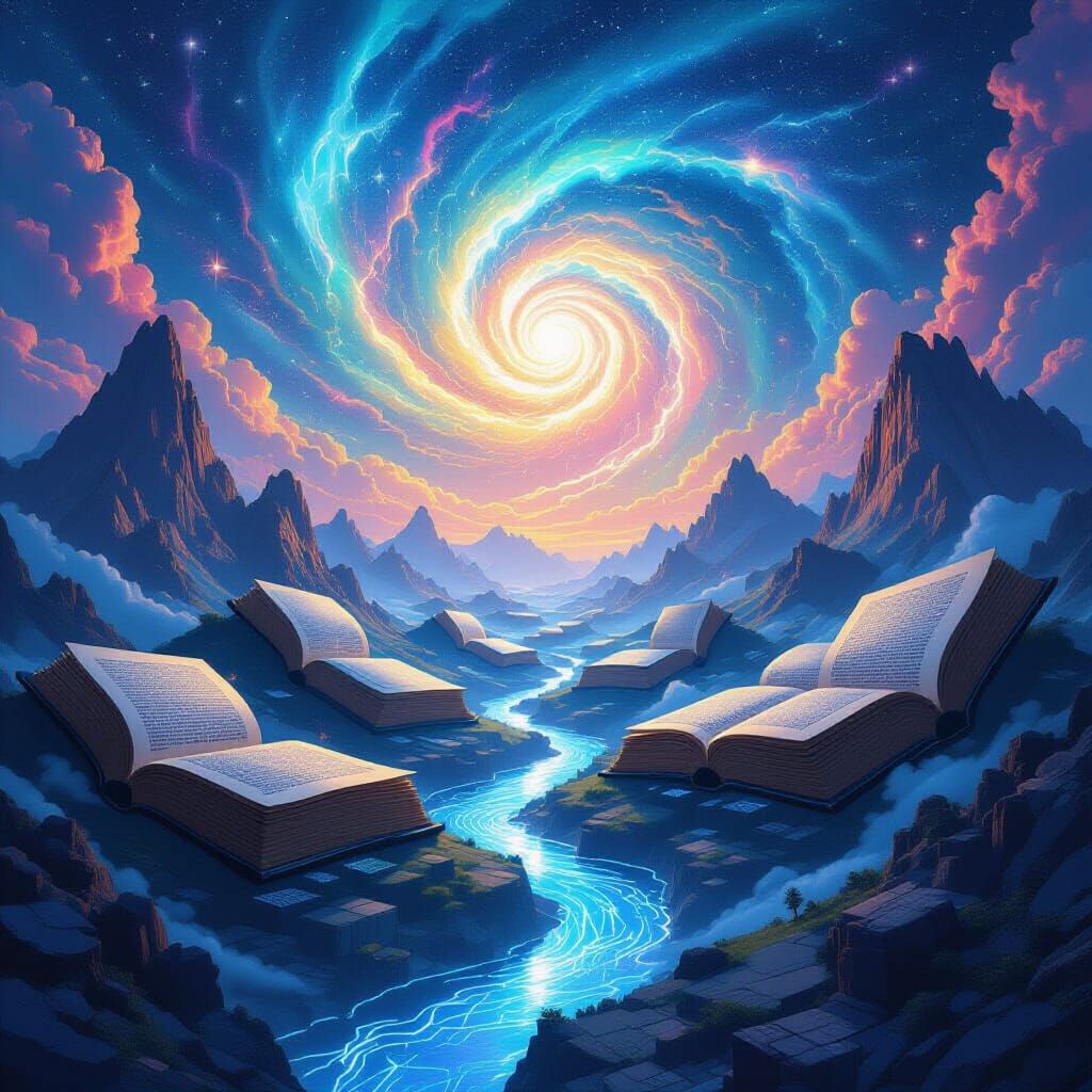 Epic Digital Painting of Book Mountains and Binary Rivers