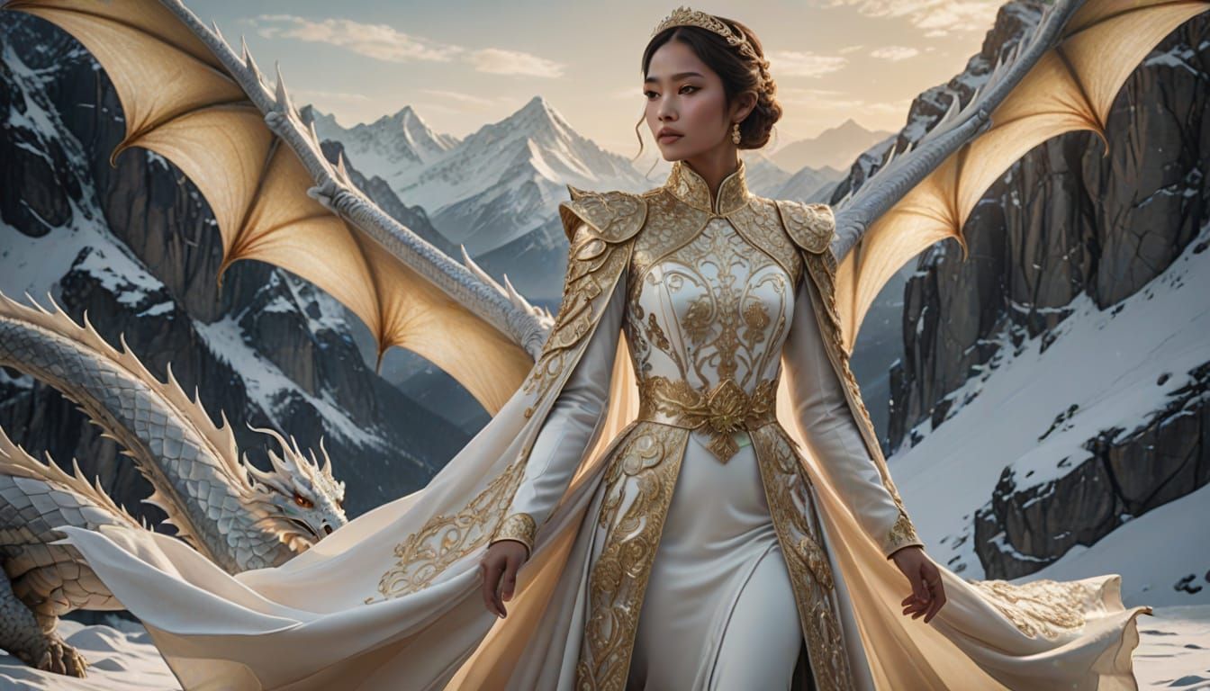 Majestic White Dragon with Woman in Winter Landscape