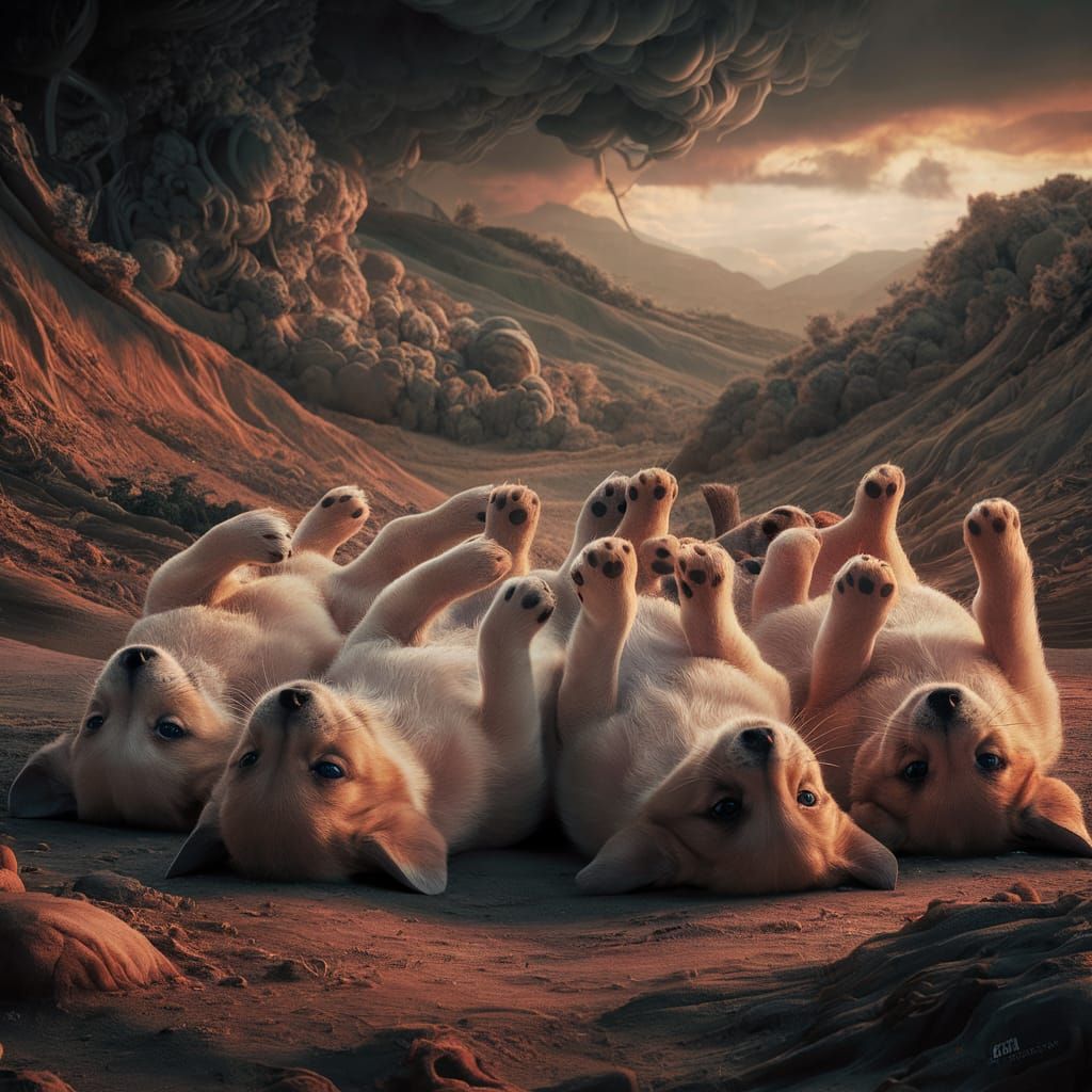Playful Puppies Awaiting Belly Rubs in Golden Light