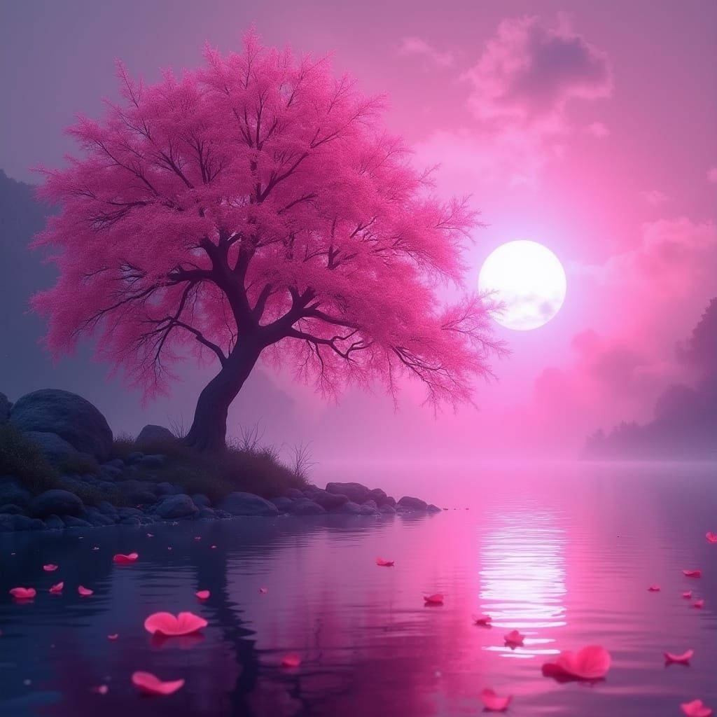 Surreal Fantasy Landscape with Glowing Tree and Magenta Sun