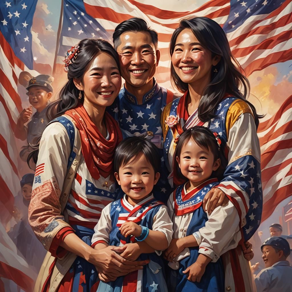 Asian Family Portrait in Vibrant Oil Painting Style