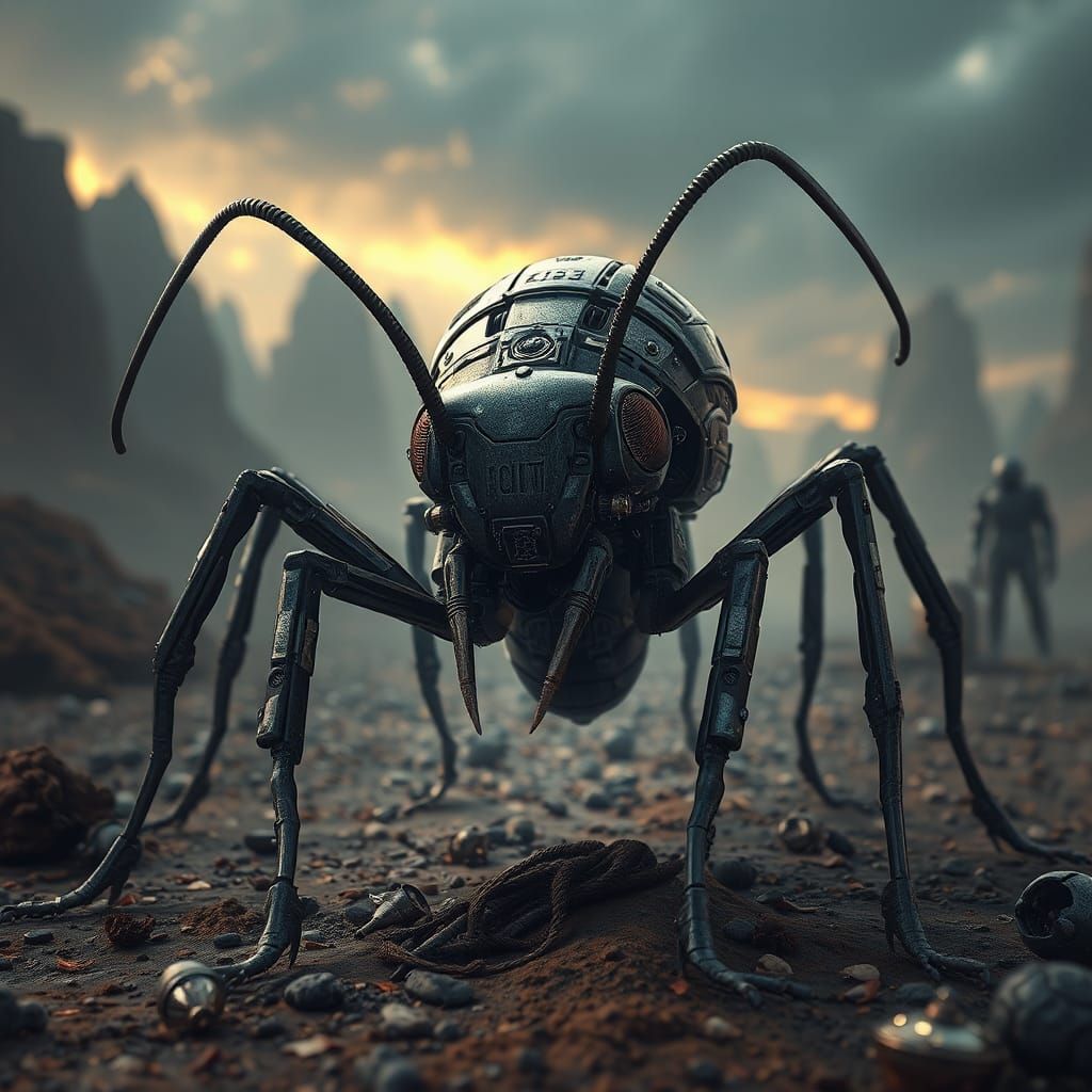 Armored Robotic Ant in Post-Apocalyptic Landscape