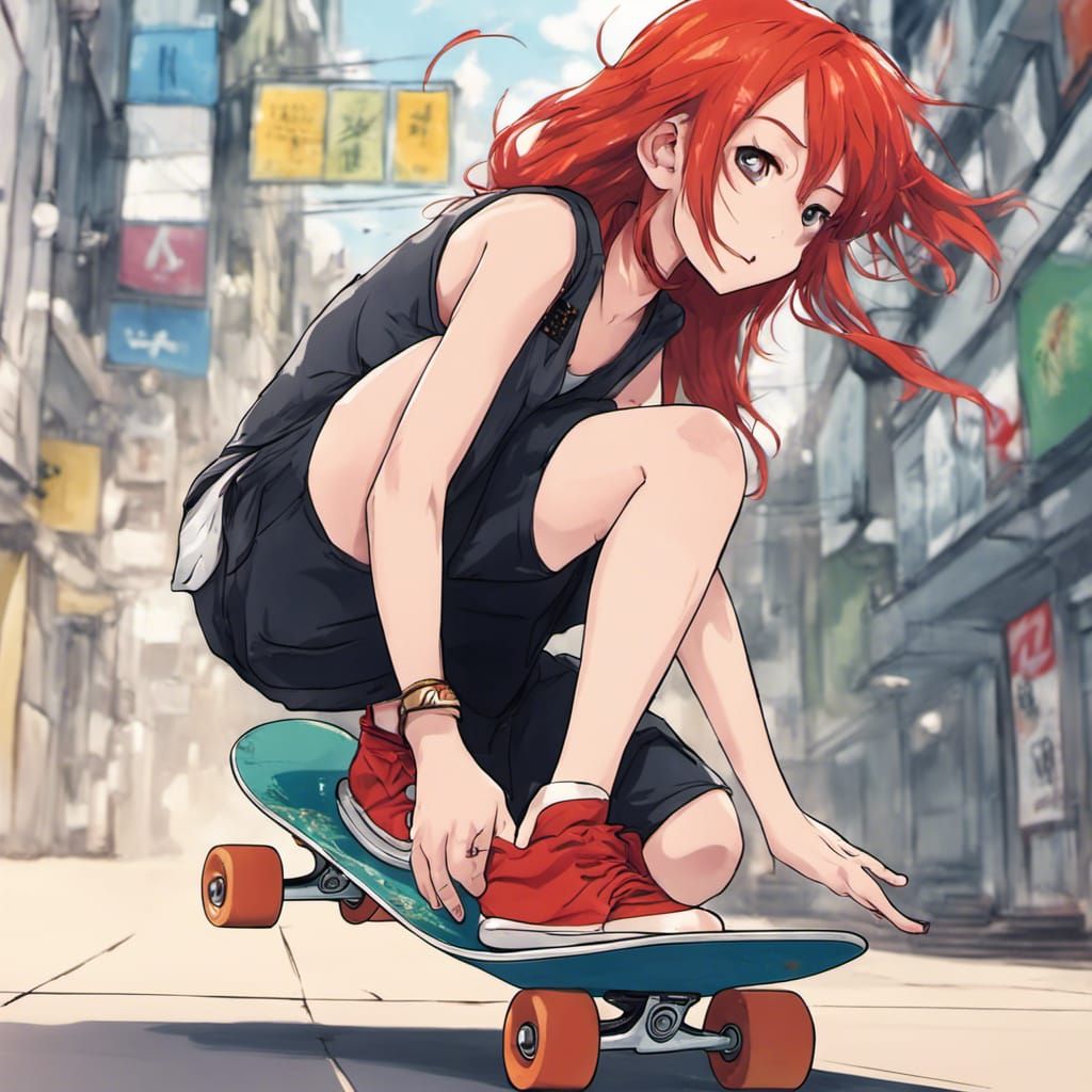Anime Skater Girl with Red Hair