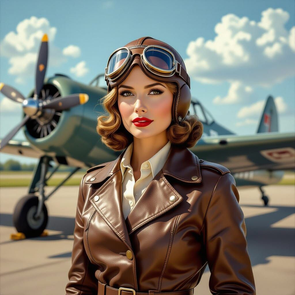 Vintage Pilot in Front of Biplane, Photorealistic Style
