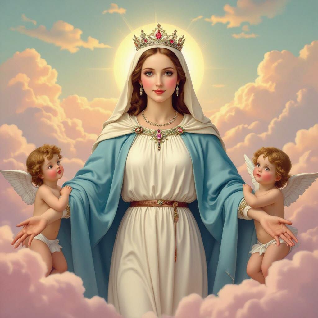 Virgin Mary on Clouds in Renaissance Oil Painting Style