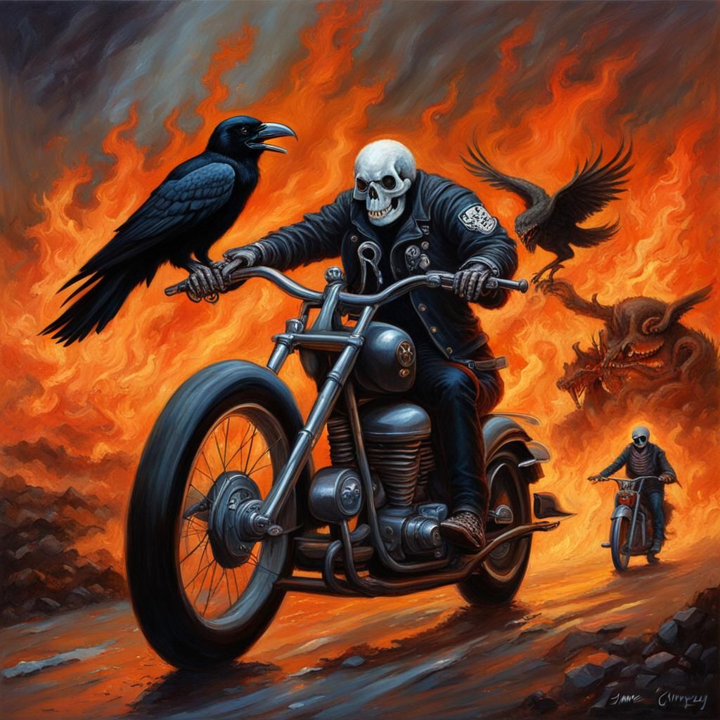 Crow and Skeleton Ride Motorcycle Through Hell, Oil Painting