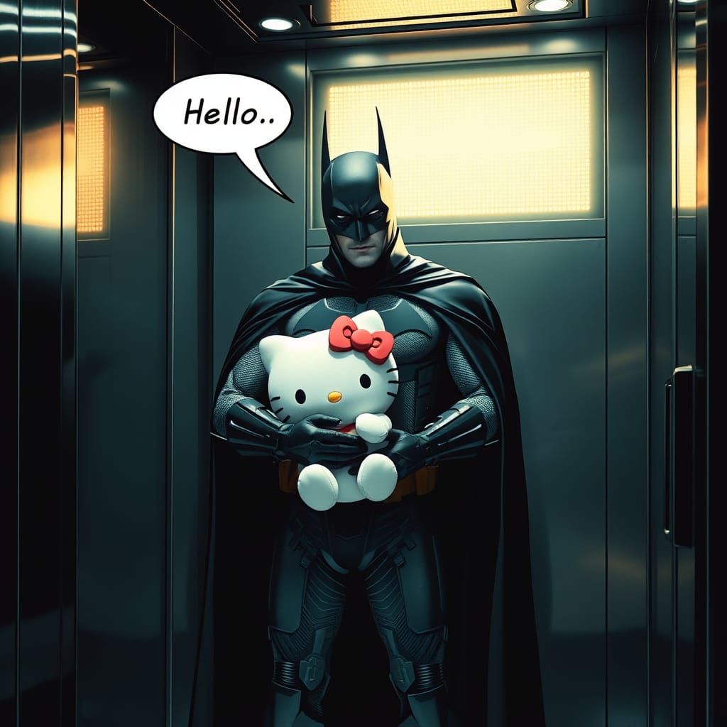 Batman está sujetando con las dos manos un peluche de hello ...