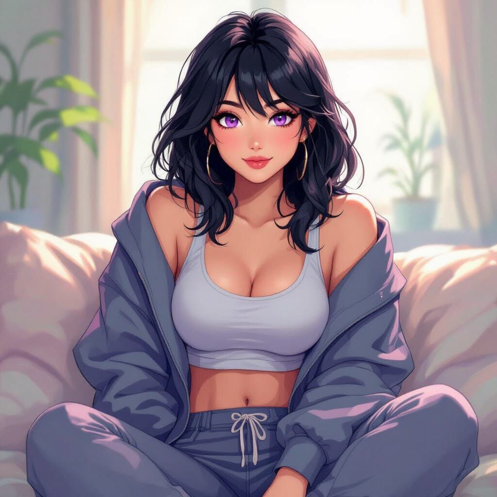 Anime Woman with Wolf Cut Hair in Pastel Colors