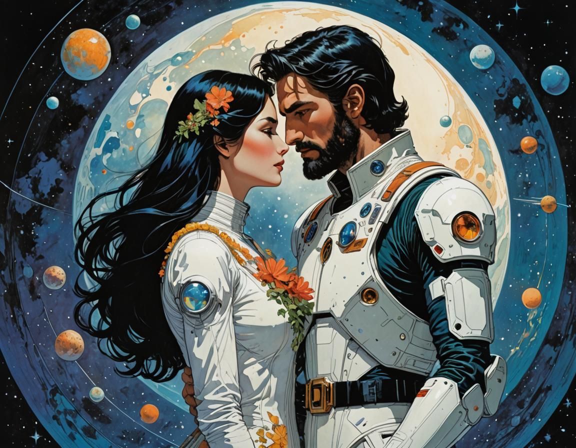 Romantic Space Encounter in Retrofuturist Style