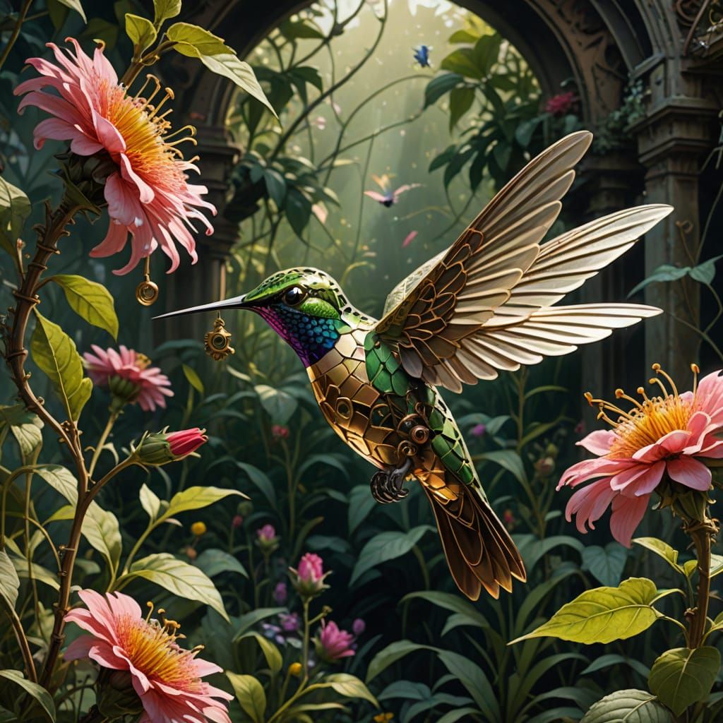 Mechanical Hummingbird & Crystal Flower in Overgrown Garden