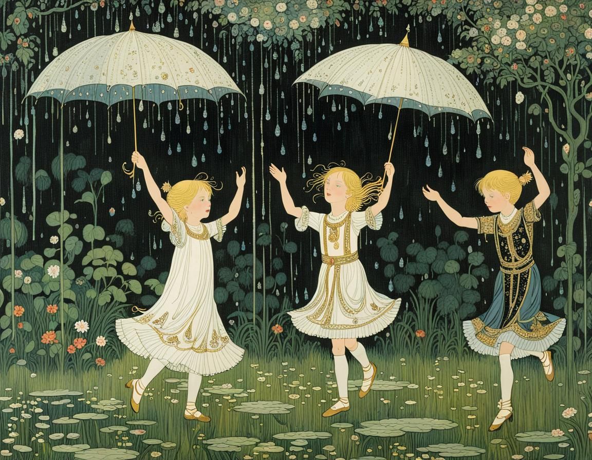 Children Dancing in the Rain, in Meticulous Artistic Style