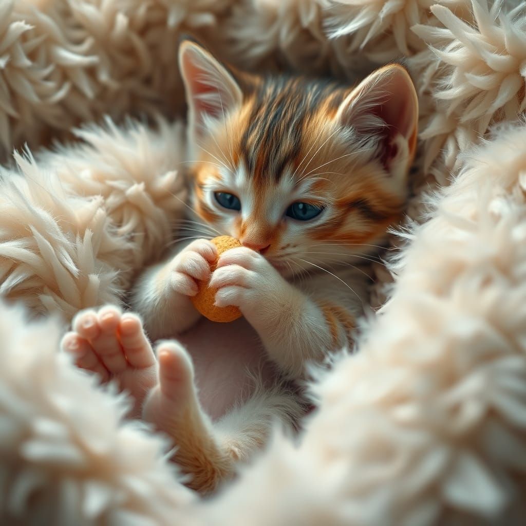 Kitten Kneading Fluffy Bed in Fantasy Art Style
