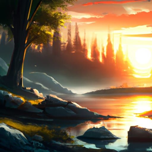 Epic Forest Sunset Over Lake: Digital Matte Painting