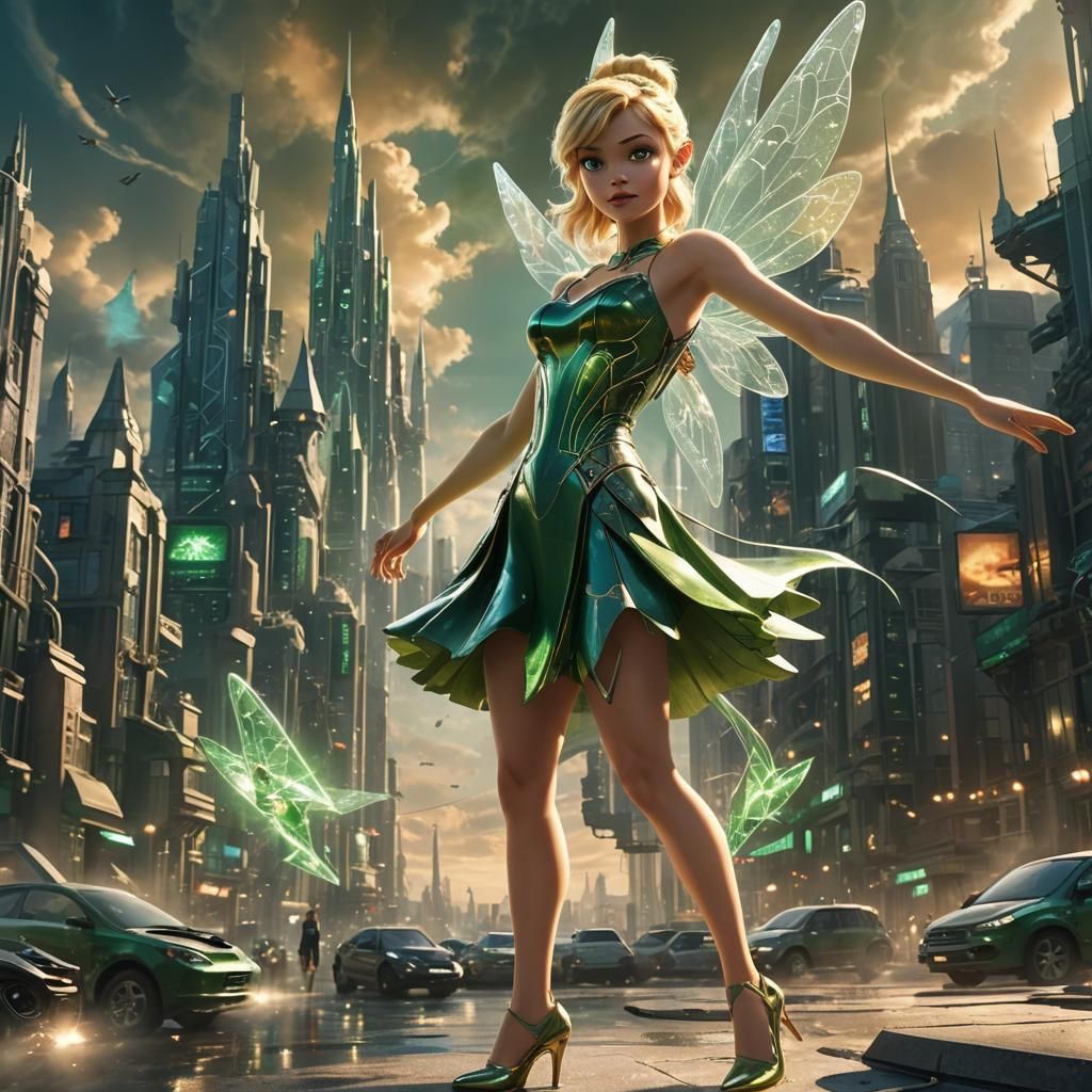 Tinkerbell in Futuristic Cityscape, Sci-Fi Concept Art