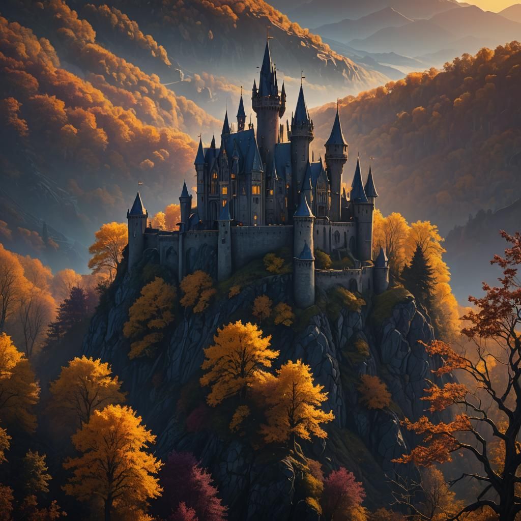 Gothic Castle with Autumnal Foliage in Dark Fantasy Style