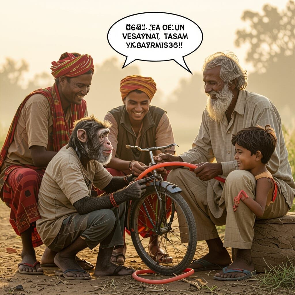 Villagers Help Monkey Fix Cycle: Ultra-Realistic 3D Art