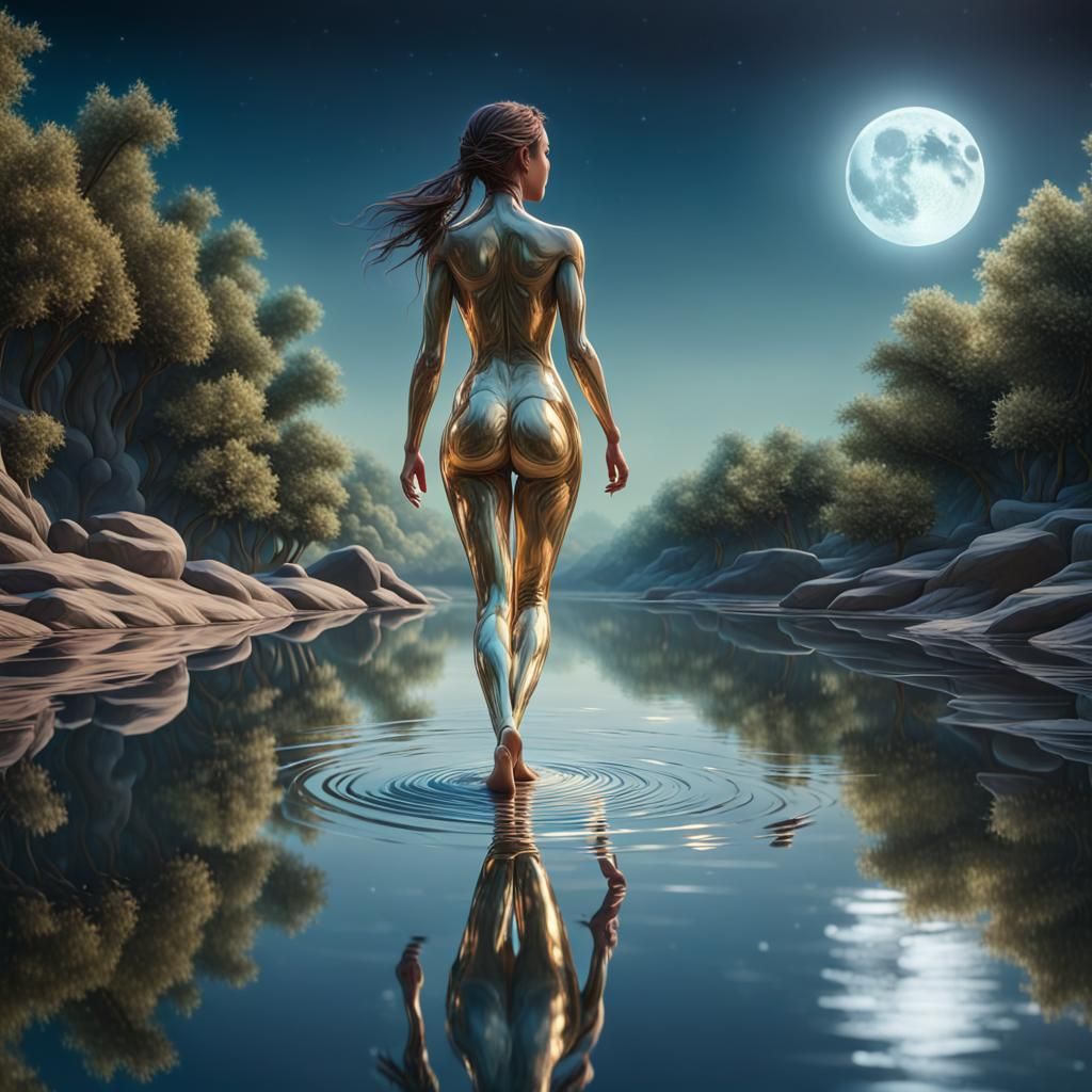 Humanoid Woman Walks Riverscape in Hyperrealistic 3D