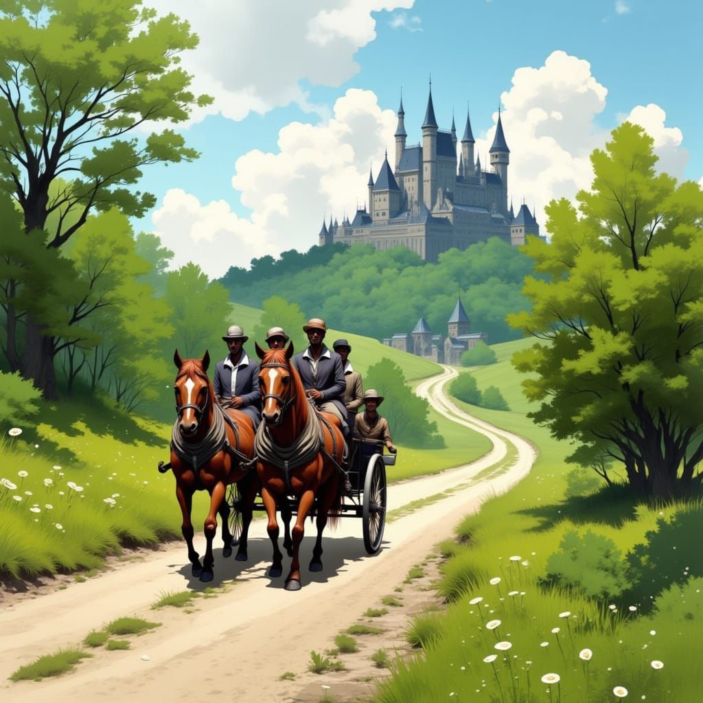 Horse-Drawn Carriage in Lush Countryside, Digital Painting
