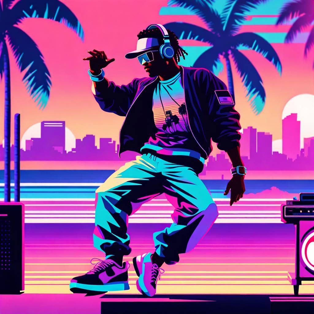 Vaporwave Breakdancer in Miami at Sunset