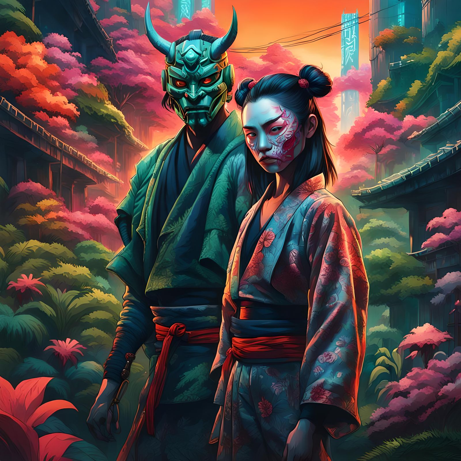 Samurai and Geisha in Post-Apocalyptic Cityscape