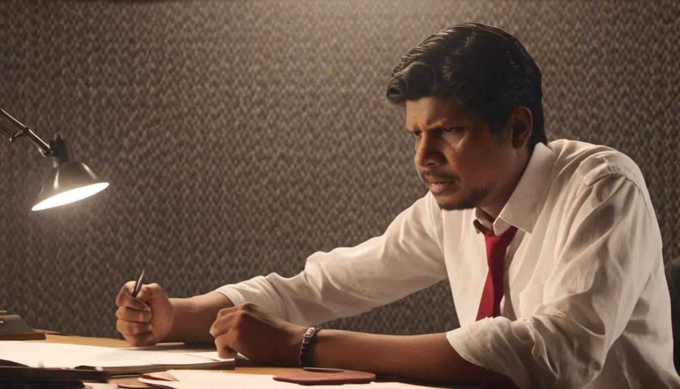 Dramatic Film Still of Man at Desk in Low-Key Lighting